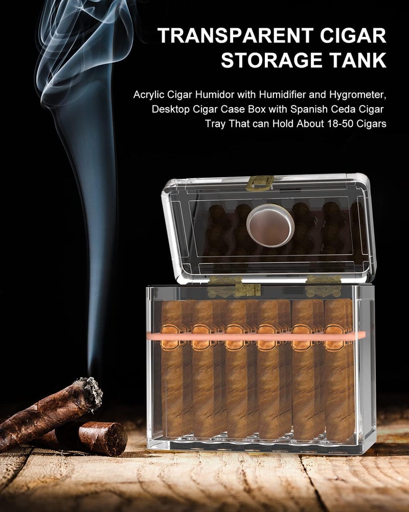 TISFA Acrylic Cigar Humidor with Humidifier and Hygrometer, Desktop Cigar Case Box with Spanish Cedar Cigar Tray That can Hold About 18-50 Cigars - Image 2